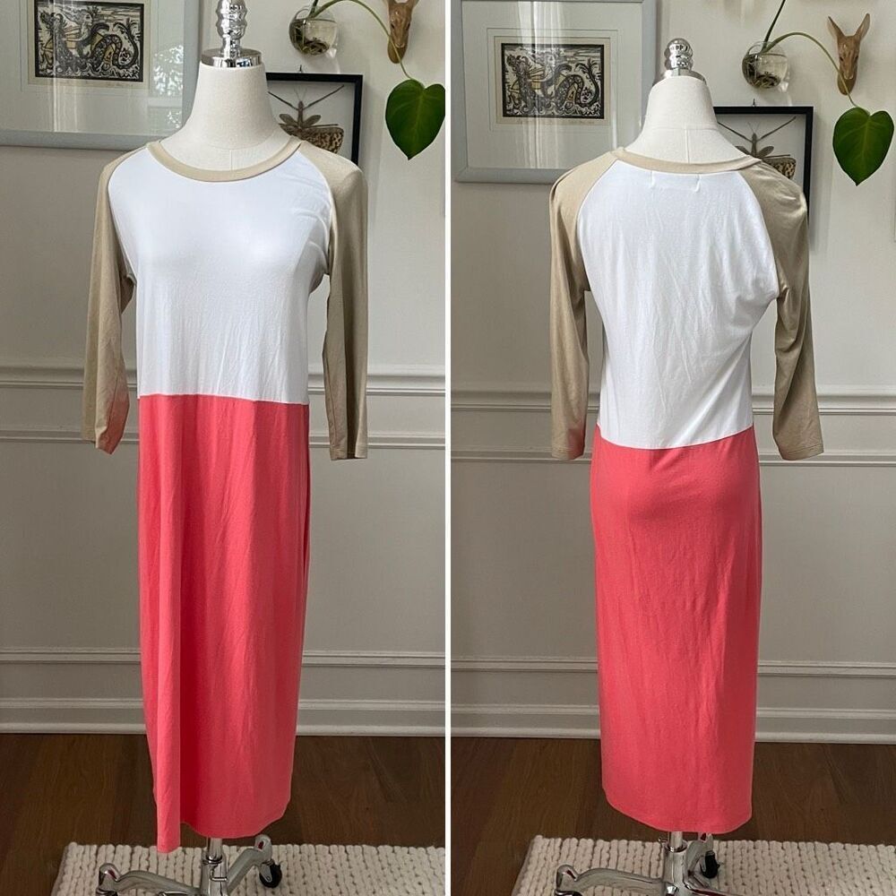 Sonnet James Play Midi Dress White Coral Tan Colorblock 3/4 Sleeve S